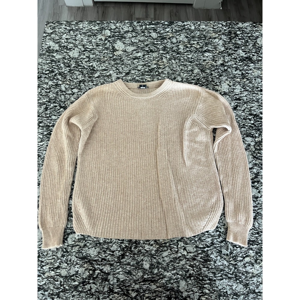 Theory Sweater Womens Small‎ Beige Tight Knit Ribbed Side Slit Winter Warm Wear